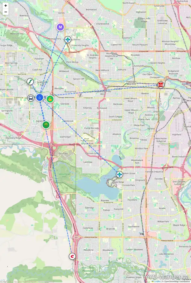 Daily accessibility map for 21 99 CHRISTIE PT SW, Calgary showing nearby schools, grocery stores, parks, LRT stations and nearby amenities
