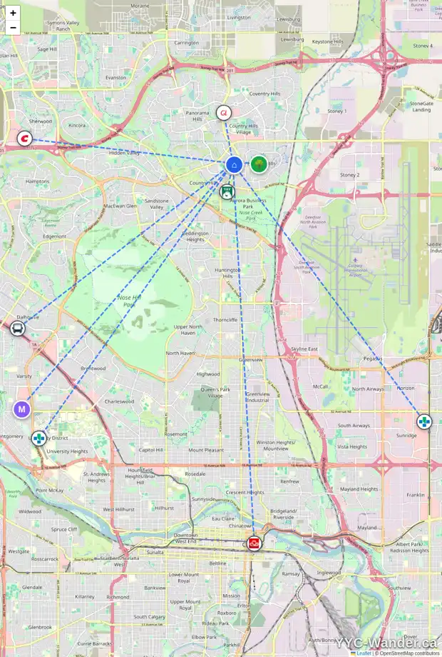 Daily accessibility map for 167 COUNTRY HILLS DR NW, Calgary showing nearby schools, grocery stores, parks, LRT stations and nearby amenities