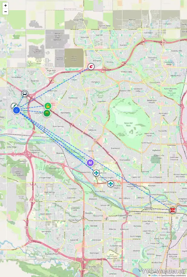 Daily accessibility map for 35 TUSCANY VILLAGE CO NW, Calgary showing nearby schools, grocery stores, parks, LRT stations and nearby amenities
