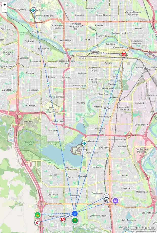 Daily accessibility map for 812 WOODPARK WY SW, Calgary showing nearby schools, grocery stores, parks, LRT stations and nearby amenities