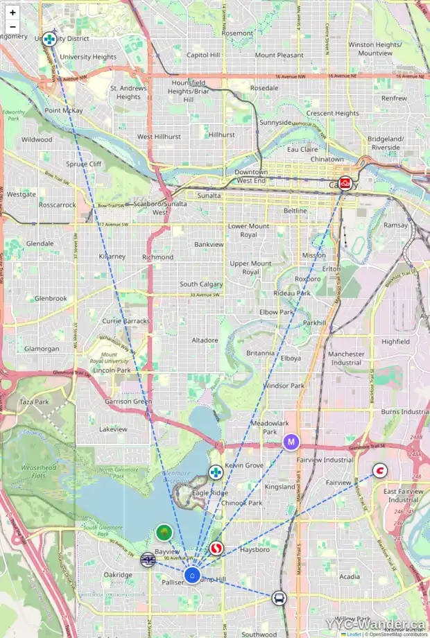 Daily accessibility map for 2002 PUMP HILL WY SW, Calgary showing nearby schools, grocery stores, parks, LRT stations and nearby amenities