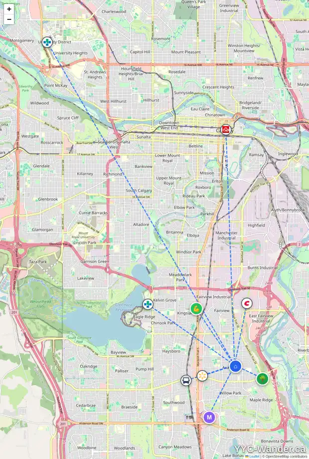 Daily accessibility map for 9320 5 ST SE, Calgary showing nearby schools, grocery stores, parks, LRT stations and nearby amenities