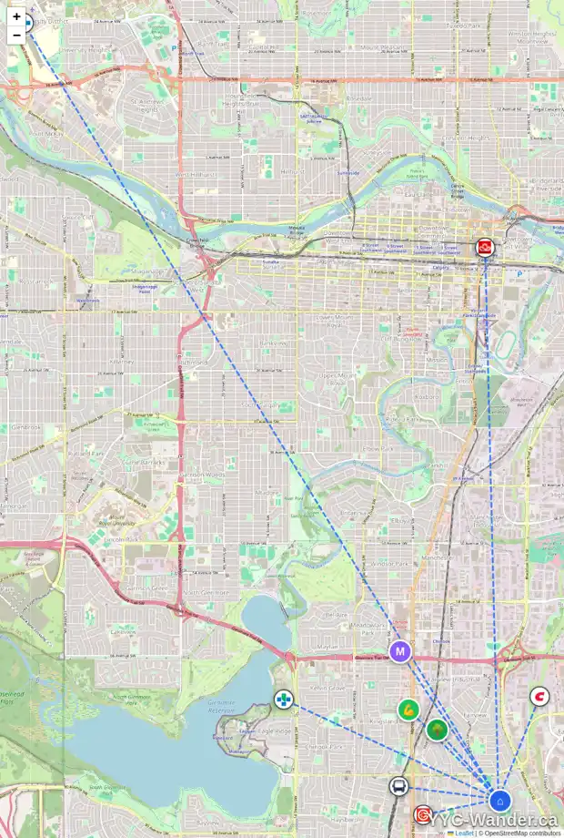 Daily accessibility map for 423 ALLSTON AV SE, Calgary showing nearby schools, grocery stores, parks, LRT stations and nearby amenities