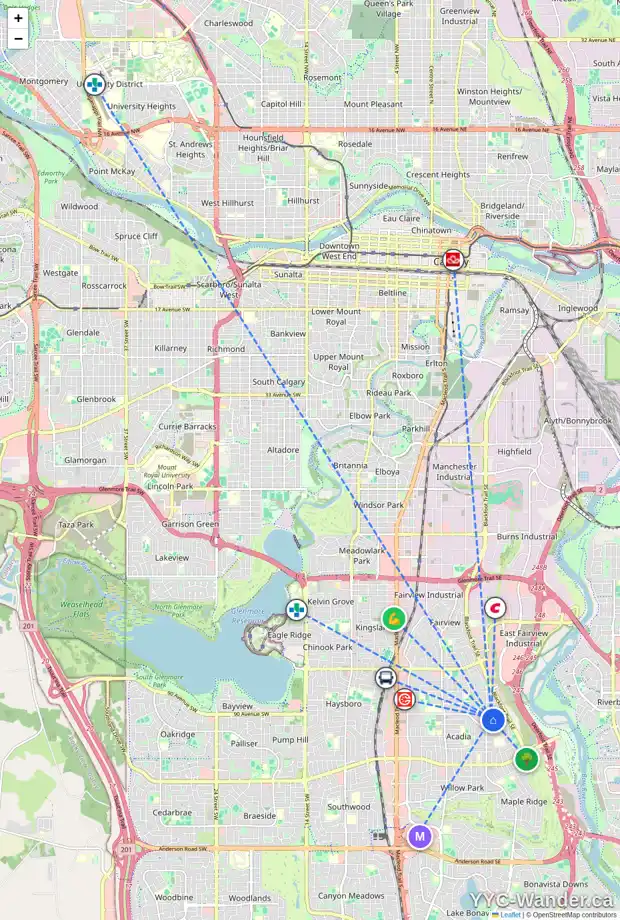 Daily accessibility map for 9119 ACADEMY DR SE, Calgary showing nearby schools, grocery stores, parks, LRT stations and nearby amenities
