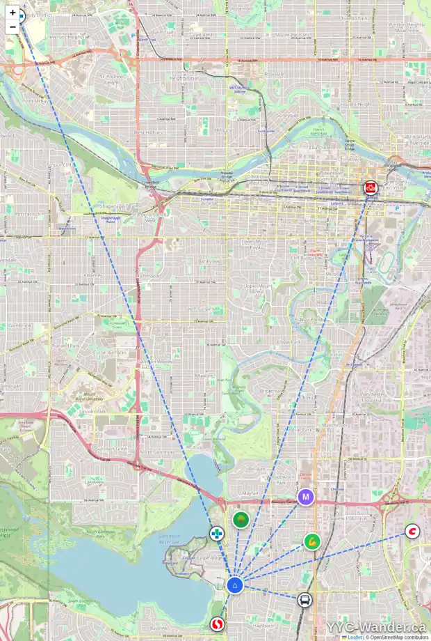 Daily accessibility map for 1419 COLLEEN AV SW, Calgary showing nearby schools, grocery stores, parks, LRT stations and nearby amenities