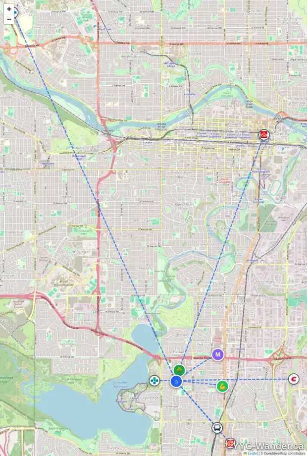 Daily accessibility map for 1212 KILLEARN AV SW, Calgary showing nearby schools, grocery stores, parks, LRT stations and nearby amenities