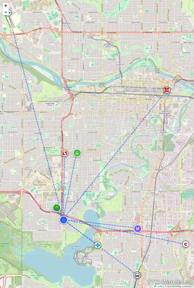 Daily accessibility map for 6304 CROWCHILD TR SW, Calgary showing nearby schools, grocery stores, parks, LRT stations and nearby amenities