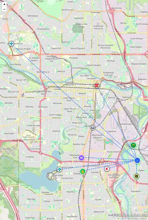 Daily accessibility map for 6609 19 ST SE, Calgary showing nearby schools, grocery stores, parks, LRT stations and nearby amenities