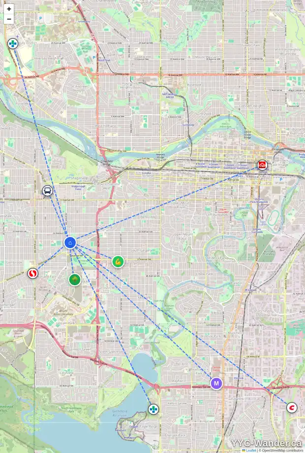 Daily accessibility map for 3011 28 ST SW, Calgary showing nearby schools, grocery stores, parks, LRT stations and nearby amenities