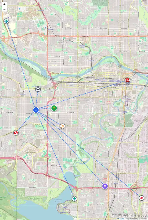 Daily accessibility map for 2435 27 ST SW, Calgary showing nearby schools, grocery stores, parks, LRT stations and nearby amenities