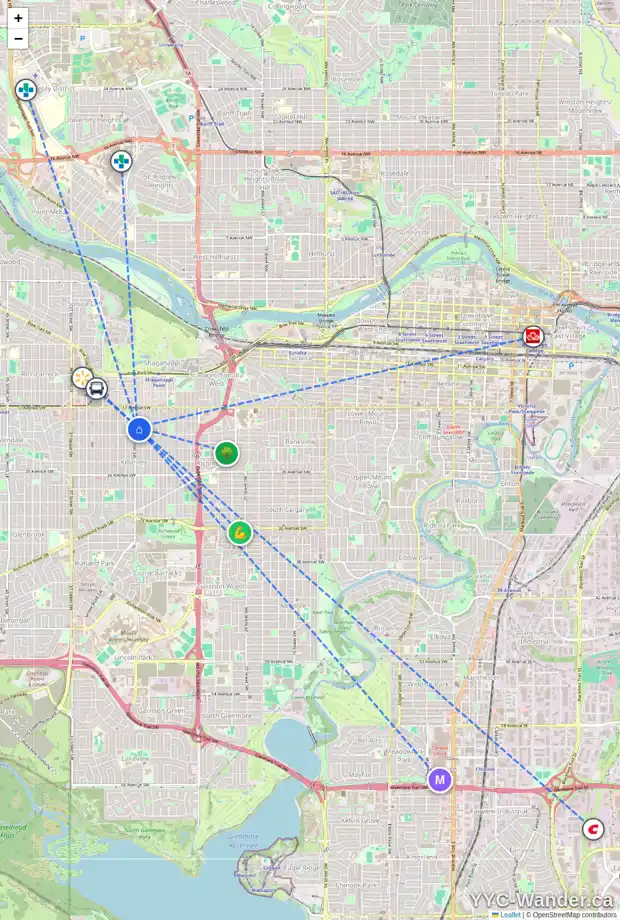 Daily accessibility map for 2020 29 ST SW, Calgary showing nearby schools, grocery stores, parks, LRT stations and nearby amenities