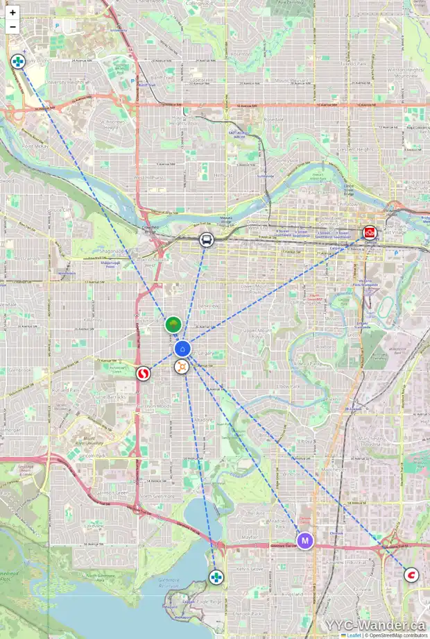 Daily accessibility map for 1936 30 AV SW, Calgary showing nearby schools, grocery stores, parks, LRT stations and nearby amenities