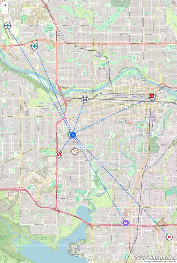 Daily accessibility map for 2016 26 AV SW, Calgary showing nearby schools, grocery stores, parks, LRT stations and nearby amenities