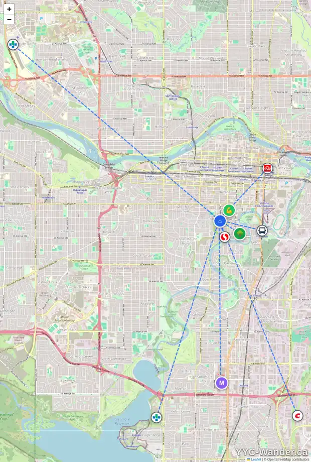 Daily accessibility map for 2117 5 ST SW, Calgary showing nearby schools, grocery stores, parks, LRT stations and nearby amenities