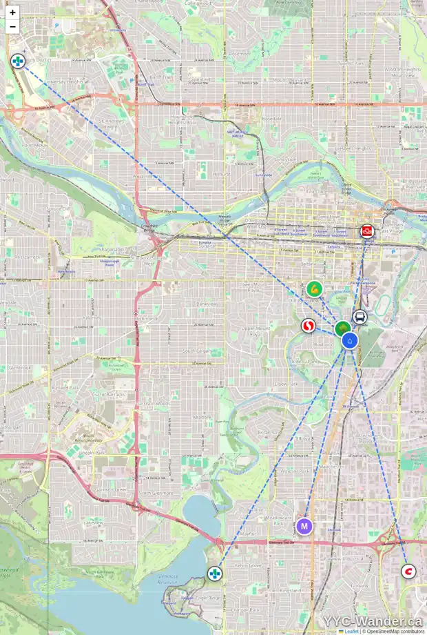 Daily accessibility map for 60 29 AV SW, Calgary showing nearby schools, grocery stores, parks, LRT stations and nearby amenities