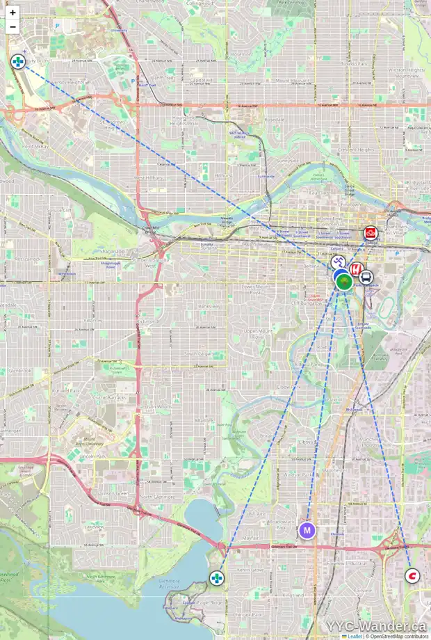Daily accessibility map for 601 128 15 AV SW, Calgary showing nearby schools, grocery stores, parks, LRT stations and nearby amenities
