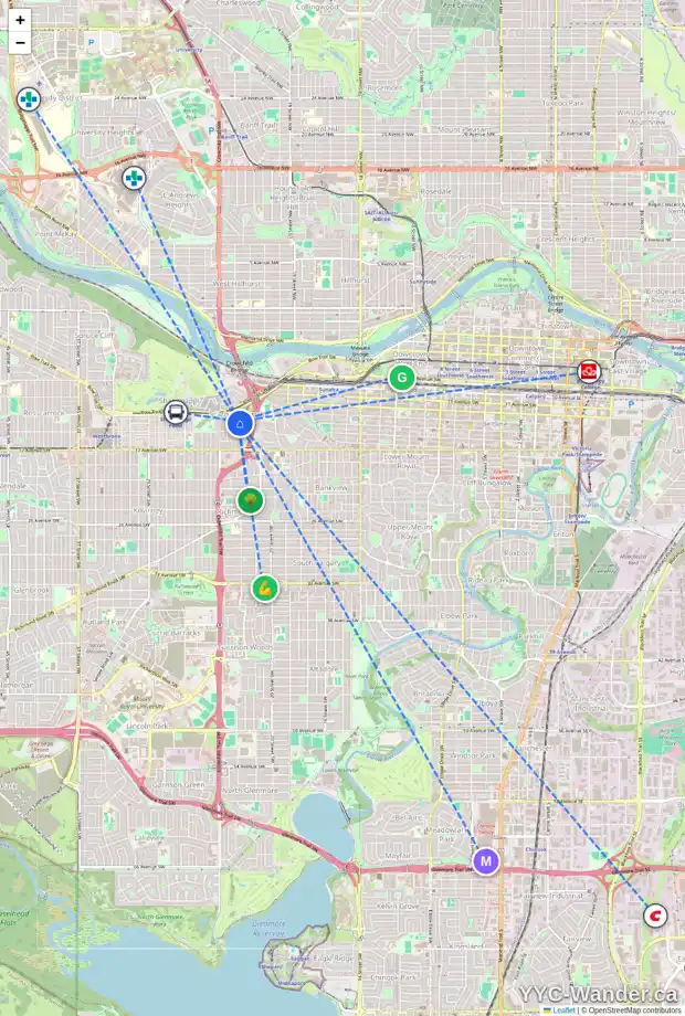 Daily accessibility map for 1417 22 ST SW, Calgary showing nearby schools, grocery stores, parks, LRT stations and nearby amenities
