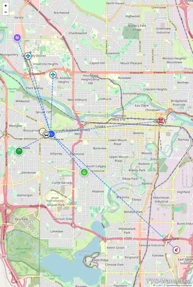 Daily accessibility map for 1418 32 ST SW, Calgary showing nearby schools, grocery stores, parks, LRT stations and nearby amenities