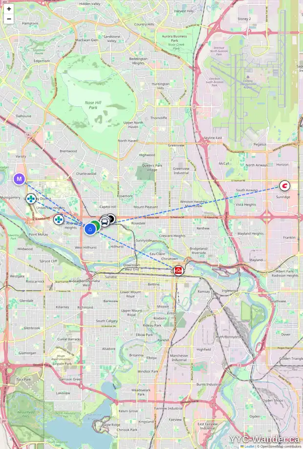 Daily accessibility map for 10 HAWTHORNE CR NW, Calgary showing nearby schools, grocery stores, parks, LRT stations and nearby amenities