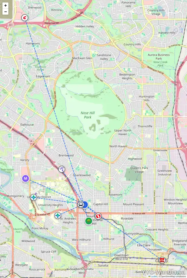 Daily accessibility map for 2340 23 ST NW, Calgary showing nearby schools, grocery stores, parks, LRT stations and nearby amenities
