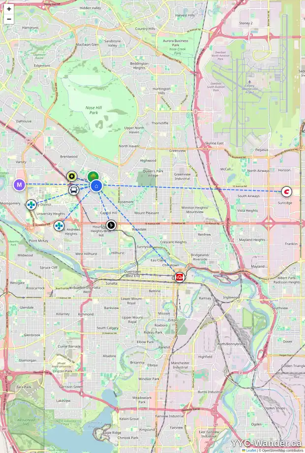 Daily accessibility map for 3403 19 ST NW, Calgary showing nearby schools, grocery stores, parks, LRT stations and nearby amenities