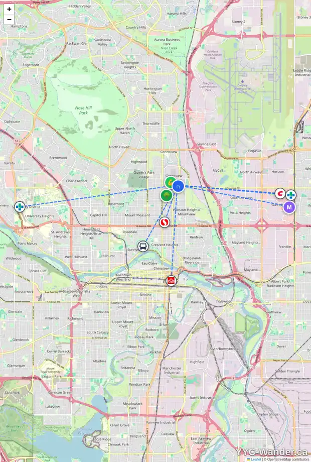 Daily accessibility map for 404 33 AV NE, Calgary showing nearby schools, grocery stores, parks, LRT stations and nearby amenities