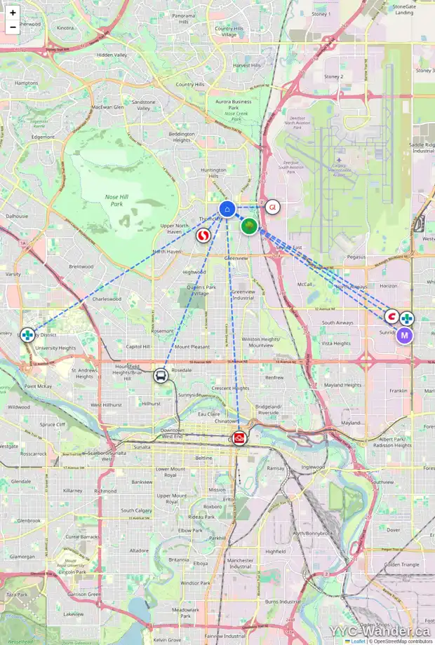 Daily accessibility map for 6327 CENTRE ST NW, Calgary showing nearby schools, grocery stores, parks, LRT stations and nearby amenities
