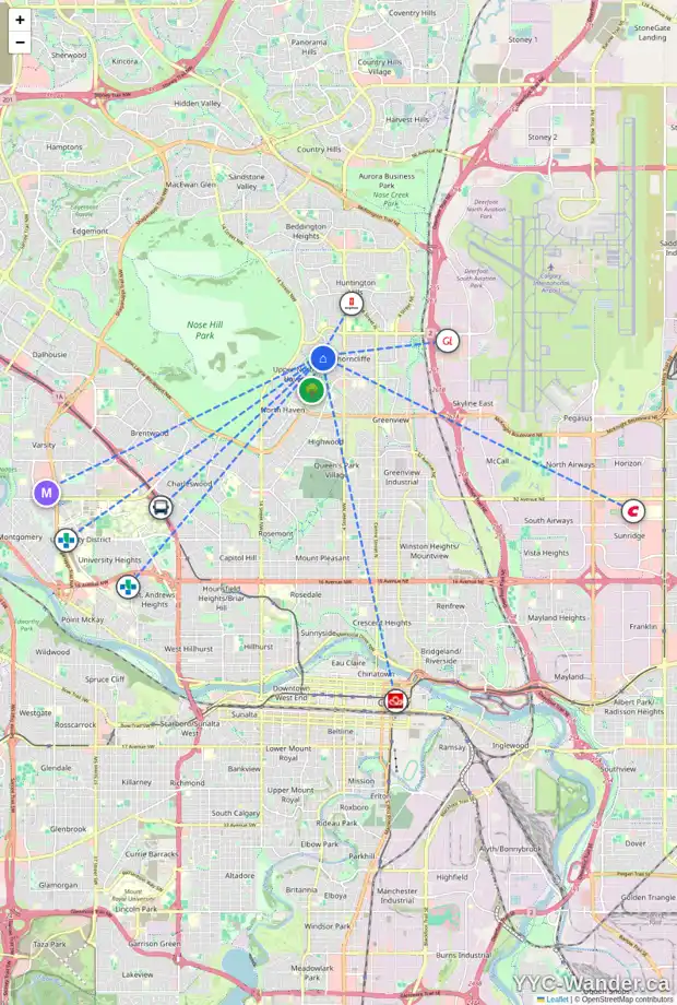 Daily accessibility map for 6023 THORNABY WY NW, Calgary showing nearby schools, grocery stores, parks, LRT stations and nearby amenities