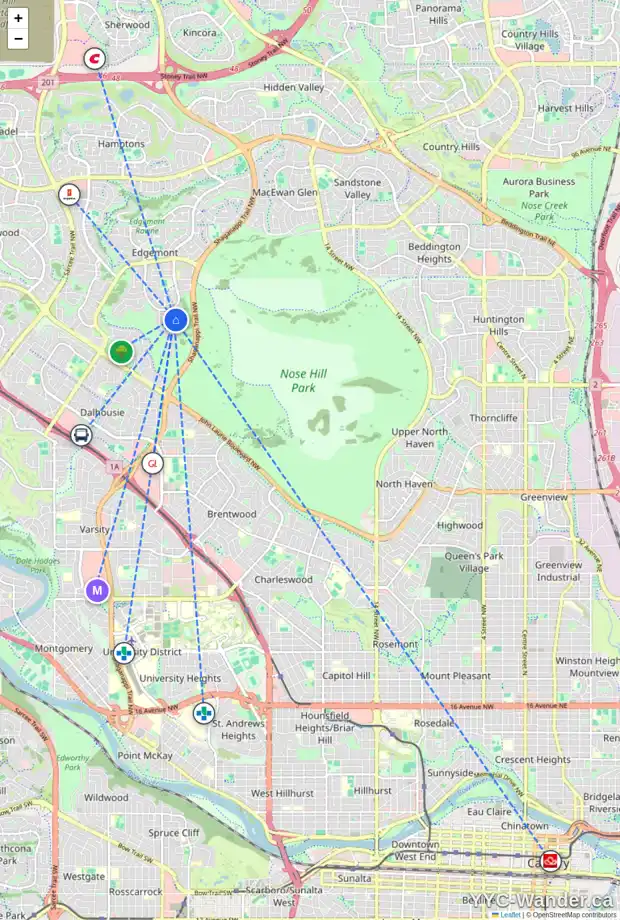 Daily accessibility map for 31 EDELWEISS DR NW, Calgary showing nearby schools, grocery stores, parks, LRT stations and nearby amenities