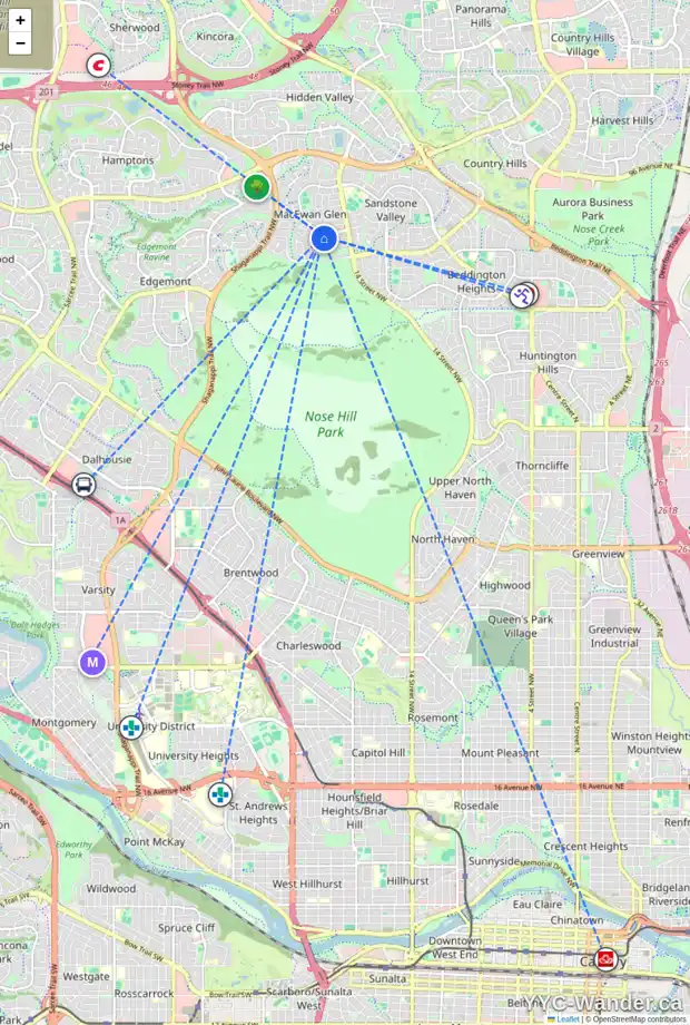 Daily accessibility map for 103 MACEWAN DR NW, Calgary showing nearby schools, grocery stores, parks, LRT stations and nearby amenities