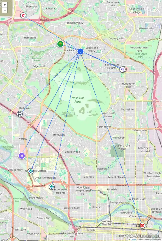 Daily accessibility map for 72 MACEWAN PARK LI NW, Calgary showing nearby schools, grocery stores, parks, LRT stations and nearby amenities