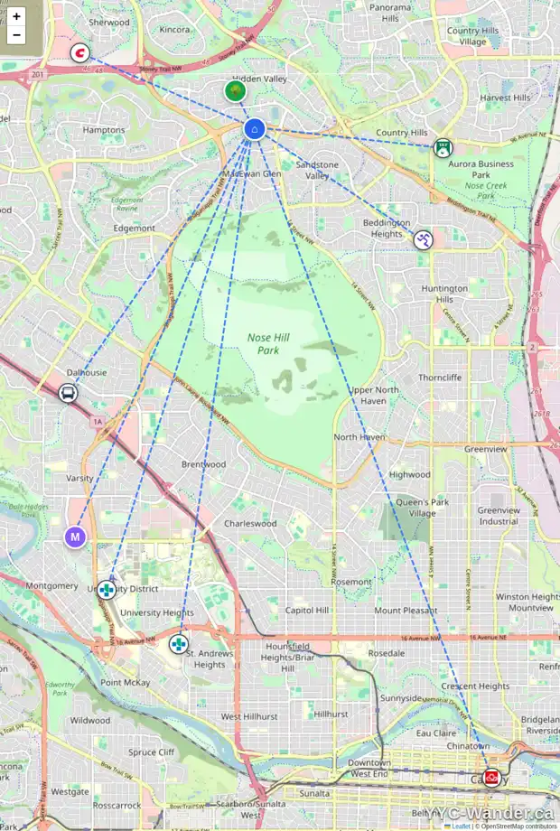 Daily accessibility map for 57 MACEWAN RIDGE PL NW, Calgary showing nearby schools, grocery stores, parks, LRT stations and nearby amenities