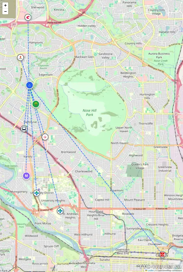 Daily accessibility map for 19 EDGEWOOD PL NW, Calgary showing nearby schools, grocery stores, parks, LRT stations and nearby amenities