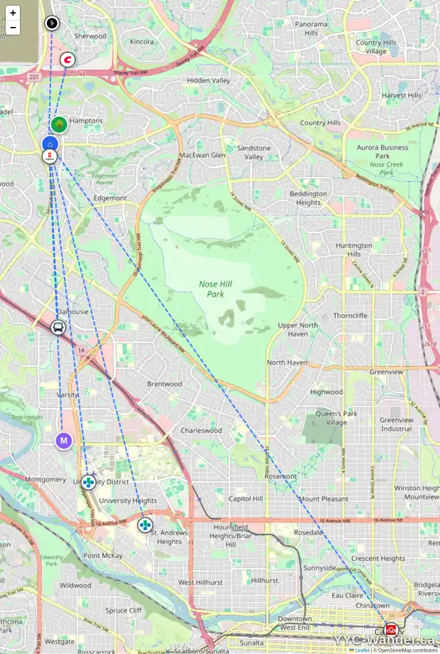 Daily accessibility map for 106 HAMPSHIRE CI NW, Calgary showing nearby schools, grocery stores, parks, LRT stations and nearby amenities