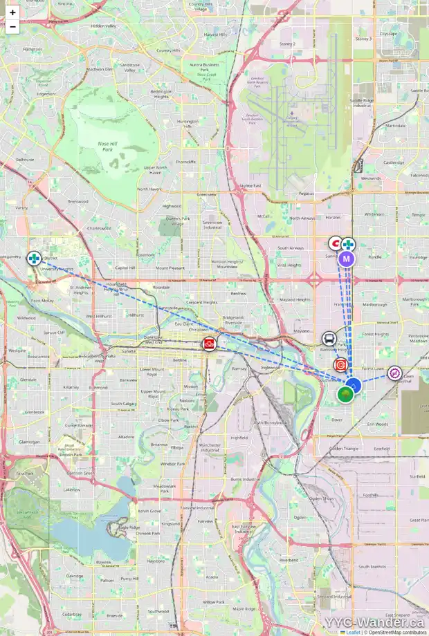Daily accessibility map for 2413 36 ST SE, Calgary showing nearby schools, grocery stores, parks, LRT stations and nearby amenities