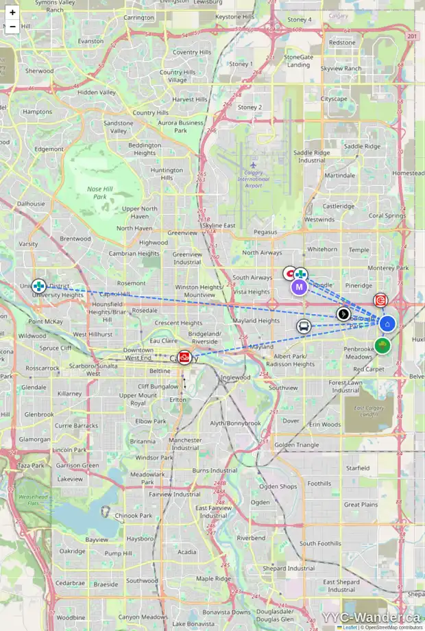 Daily accessibility map for 100 ABERGALE CL NE, Calgary showing nearby schools, grocery stores, parks, LRT stations and nearby amenities