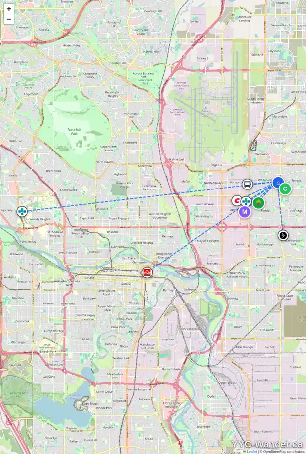 Daily accessibility map for 140 WHITESIDE CR NE, Calgary showing nearby schools, grocery stores, parks, LRT stations and nearby amenities