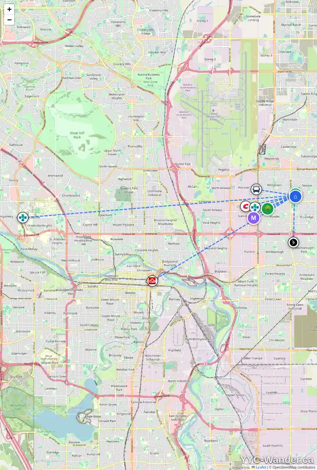Daily accessibility map for 5411 TEMPLE RD NE, Calgary showing nearby schools, grocery stores, parks, LRT stations and nearby amenities