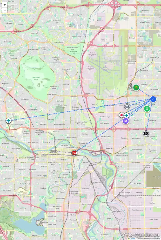 Daily accessibility map for 4719 60 ST NE, Calgary showing nearby schools, grocery stores, parks, LRT stations and nearby amenities