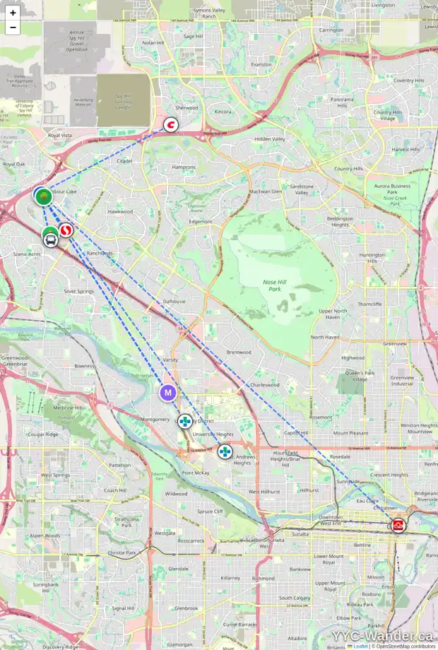 Daily accessibility map for 199 ARBOUR STONE RI NW, Calgary showing nearby schools, grocery stores, parks, LRT stations and nearby amenities