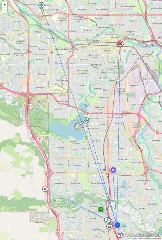 Daily accessibility map for 165 MIDBEND PL SE, Calgary showing nearby schools, grocery stores, parks, LRT stations and nearby amenities