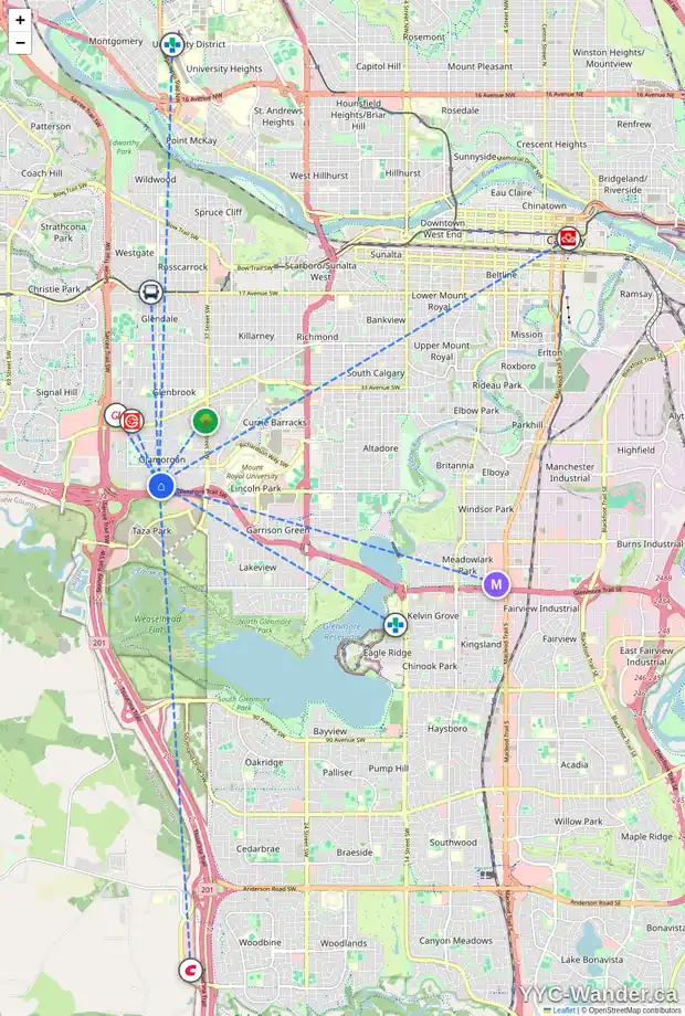 Daily accessibility map for 4936 45 ST SW, Calgary showing nearby schools, grocery stores, parks, LRT stations and nearby amenities