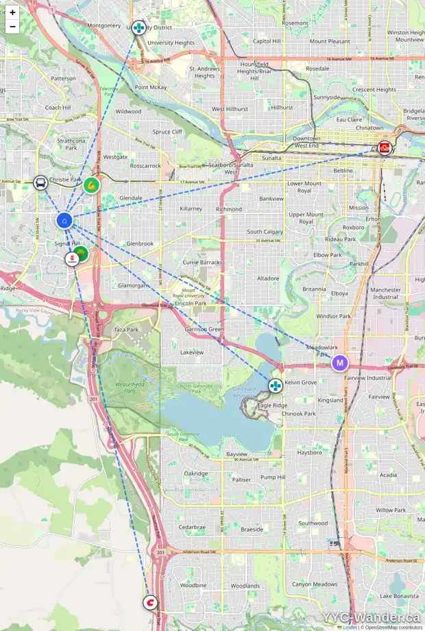 Daily accessibility map for 303 SIENNA HEIGHTS HL SW, Calgary showing nearby schools, grocery stores, parks, LRT stations and nearby amenities