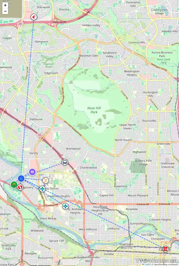 Daily accessibility map for 5220 20 AV NW, Calgary showing nearby schools, grocery stores, parks, LRT stations and nearby amenities