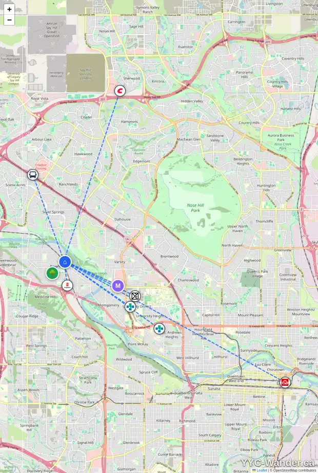 Daily accessibility map for 6827 BOW CR NW, Calgary showing nearby schools, grocery stores, parks, LRT stations and nearby amenities