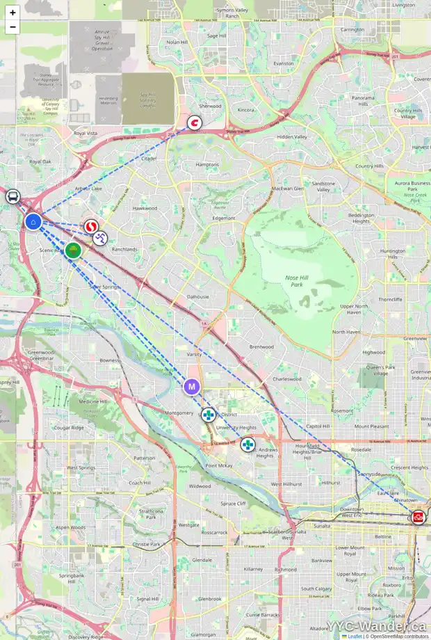 Daily accessibility map for 537 SCHUBERT PL NW, Calgary showing nearby schools, grocery stores, parks, LRT stations and nearby amenities