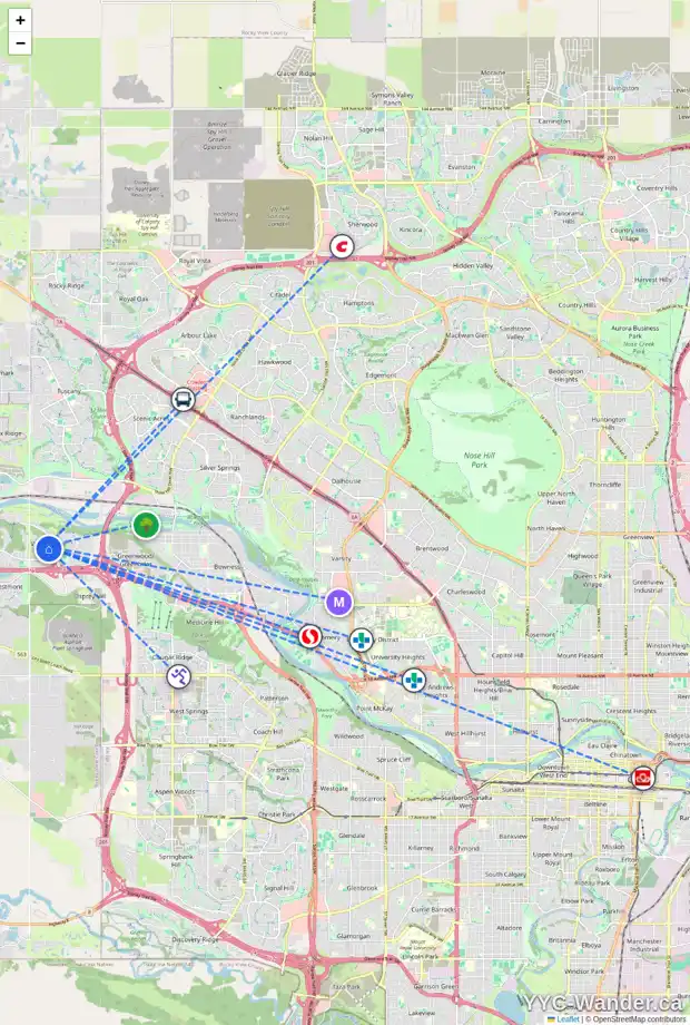 Daily accessibility map for 35 VALLEY RIDGE GR NW, Calgary showing nearby schools, grocery stores, parks, LRT stations and nearby amenities