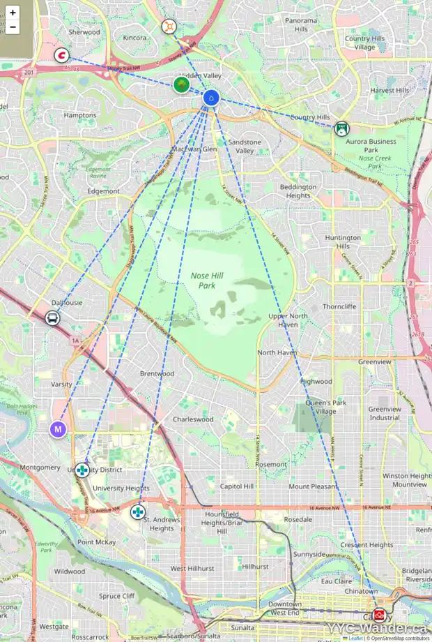 Daily accessibility map for 10030 HIDDEN VALLEY DR NW, Calgary showing nearby schools, grocery stores, parks, LRT stations and nearby amenities
