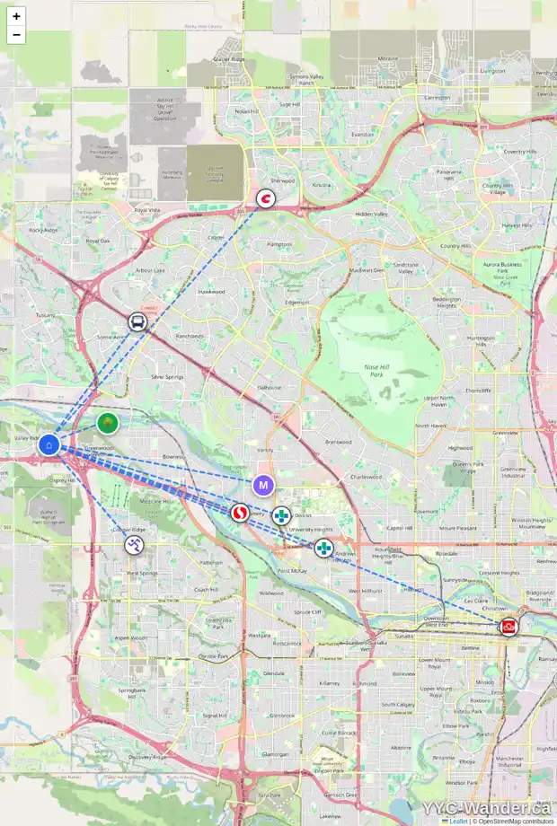 Daily accessibility map for 38 VALLEY MEADOW GD NW, Calgary showing nearby schools, grocery stores, parks, LRT stations and nearby amenities