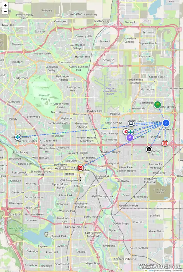 Daily accessibility map for 183 CARMEL CL NE, Calgary showing nearby schools, grocery stores, parks, LRT stations and nearby amenities
